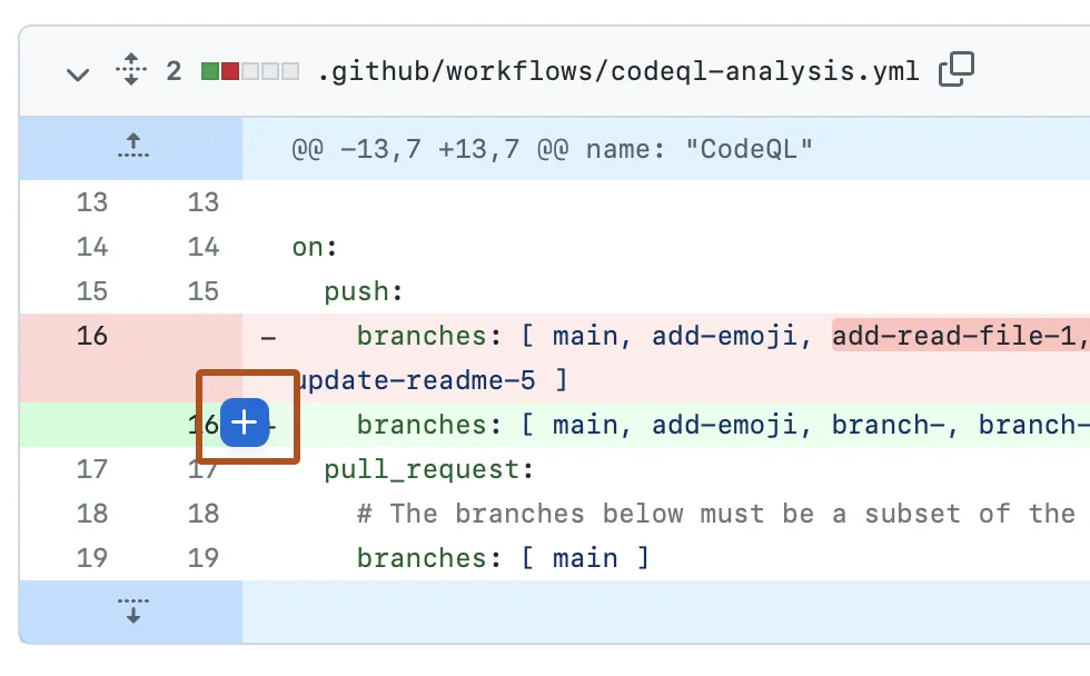 Capture d'écran d'un diff dans une pull request. A côté d'un numéro de ligne, une icône plus bleue est mise en évidence avec un contour orange.